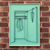 If You Can See It, You Can Find It - framed mini wardrobe elastic drawing V1 (green coat / black elastic)