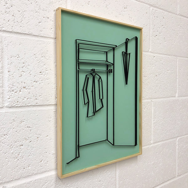 If You Can See It, You Can Find It - framed mini wardrobe elastic drawing V1 (green coat / black elastic)